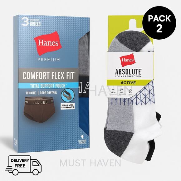 Hanes Comfort Flex Fit Briefs + Active Socks Pack 2, Support & Comfort - Picture 1 of 10